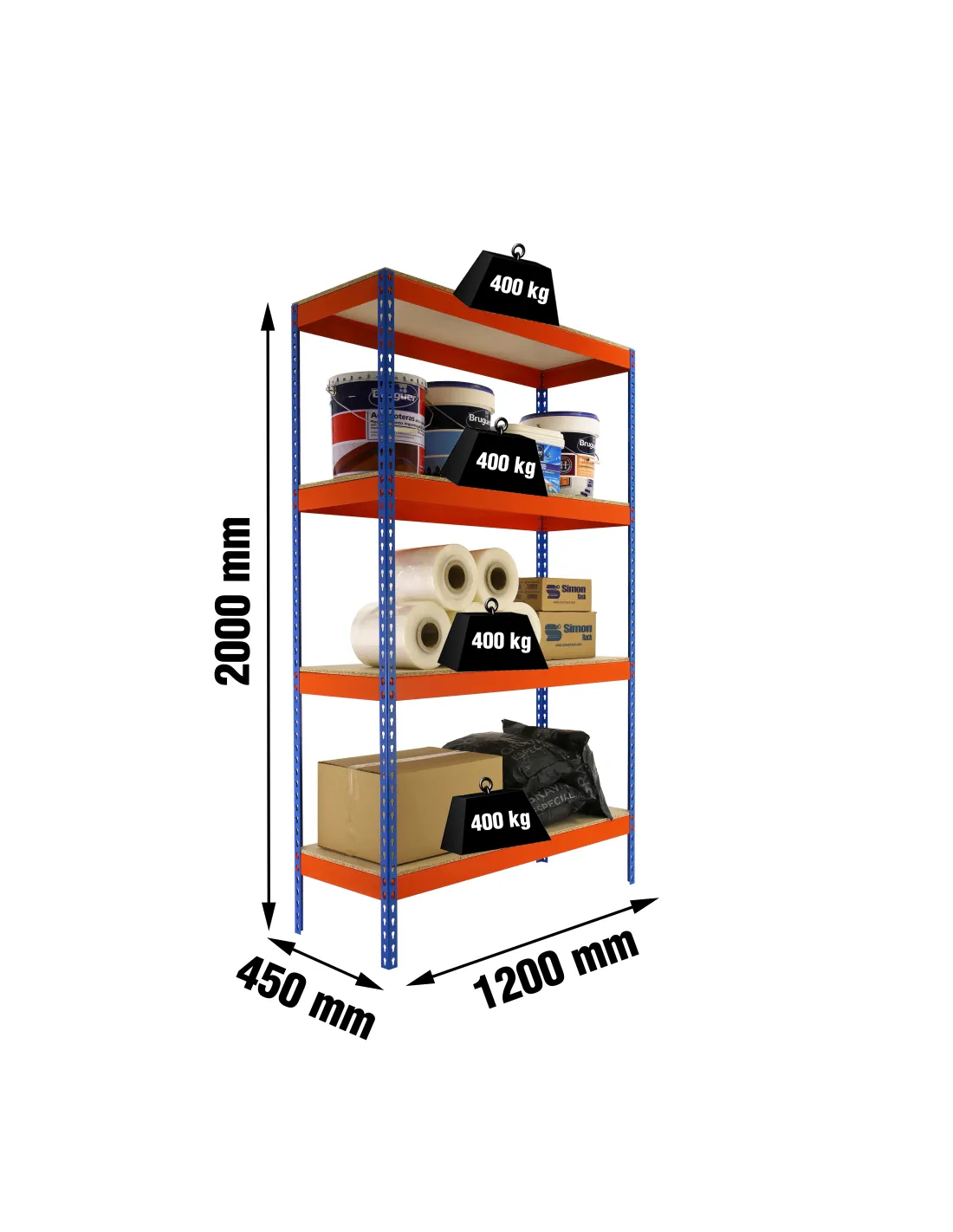 Etagère charge lourde ECOFORTE 1204-4 CHIPBOARD BLEU/ORANGE/BOIS - 2000x1200x450 400Kg - SIMONRACK