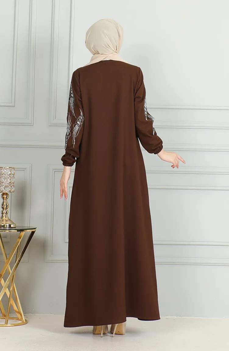 Robe De Soirée Stoned Avec Manches Elastiques 0497-03 Marron 0497-03