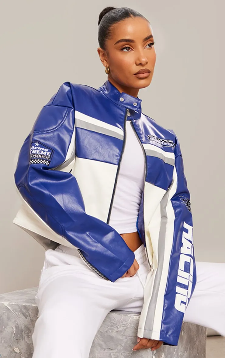 Veste de motard bleue en PU enduit à empiècements contrastants